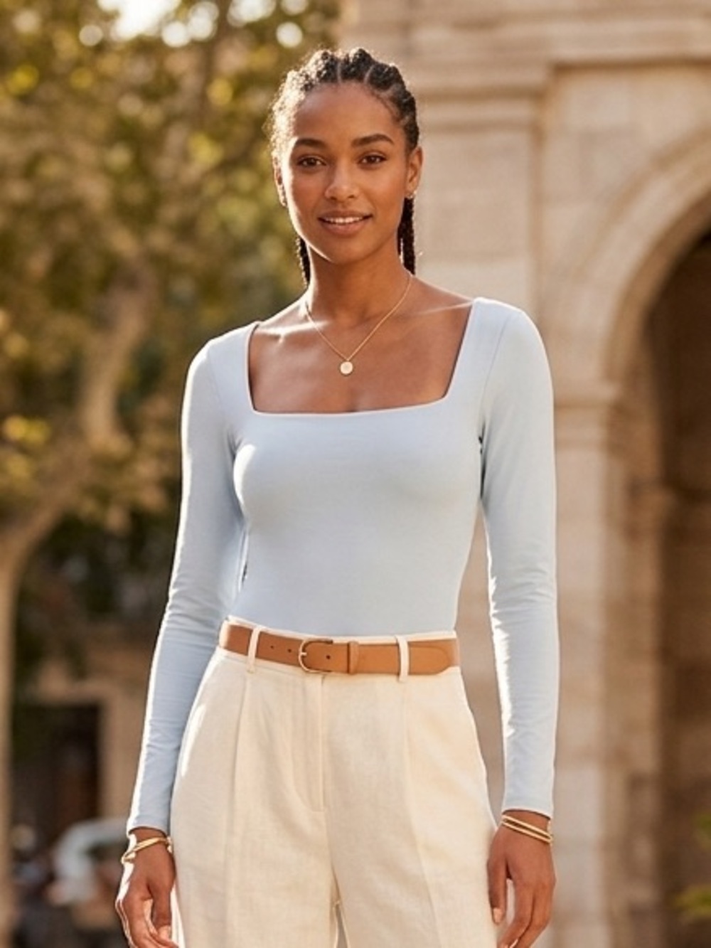 Aritzia Babaton Size XL Light Blue Square Neck Long Sleeve Thong Bodysuit